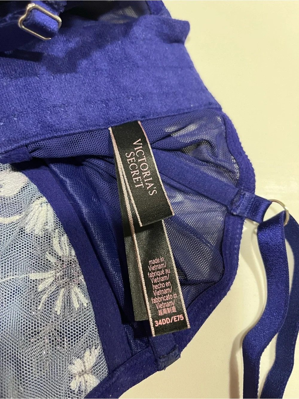 Victoria's Secret Navy Blue Satin & Floral Lace Longline Bra